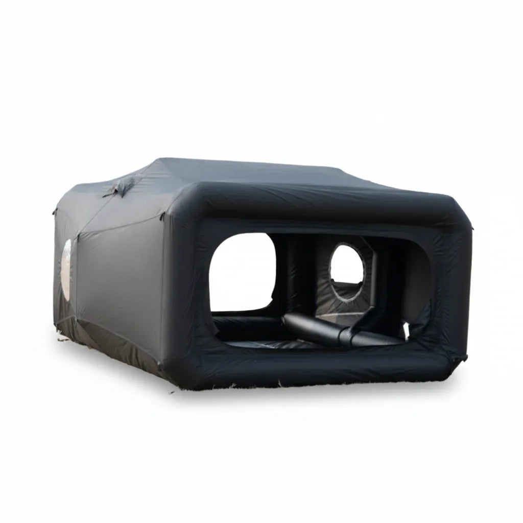 Black inflatable tunnel tent on a white background