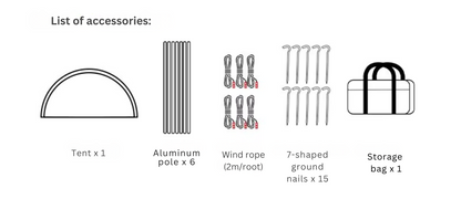 List of accessories for a tent setup including tent, aluminum pole, wind rope, ground nails, and storage bag.