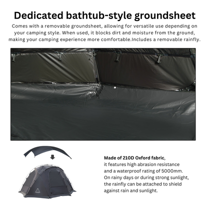 Bathtub-style groundsheet with rainfly attachment and camping tent, featuring text about product features.